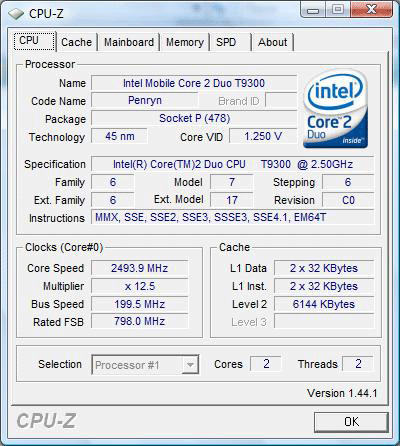 cpu-z Intel Core 2 Duo T9300